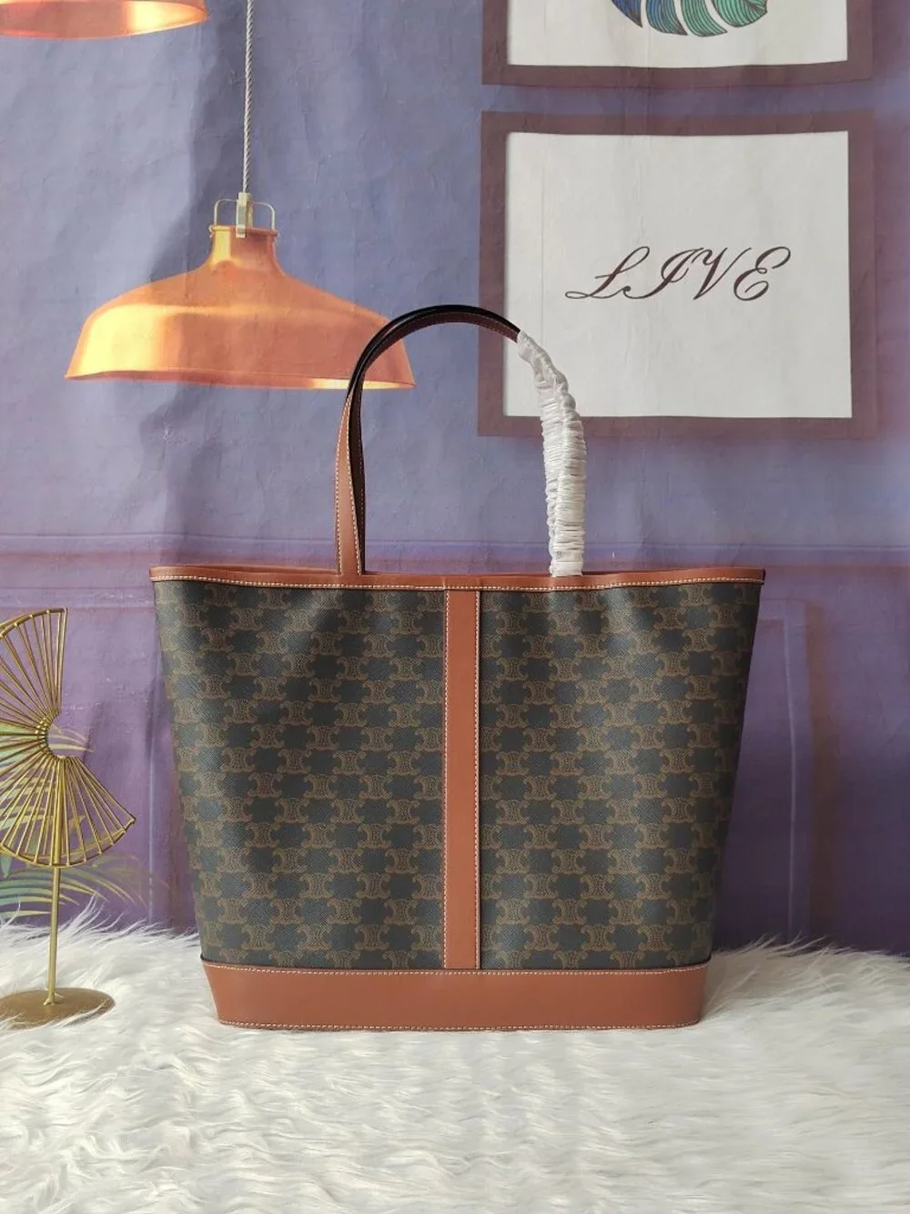 Triomphe Horizontal Tote Bag Brown Triomphe Canvas Calf Leather Trim Large